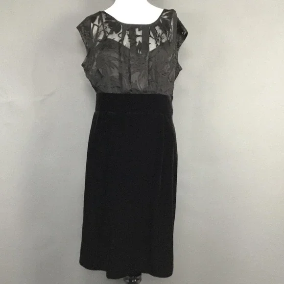 AGB Dress Womens 12 Black Velvet Skirt Sheer Bodice Cocktail Midi Illusion - Picture 1 of 9